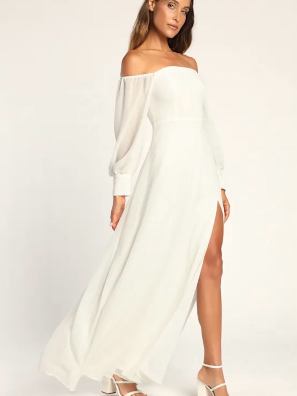Off-Shoulder White Maxi Dress with Slit